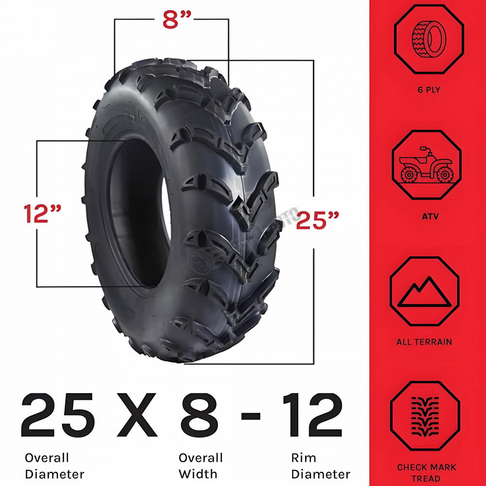25x8-12 Front Tire All-Terrain (ATV) Utility-Task (UTV) Side-by-Side (SxS) Vehicles 6-Ply 1/2" Tread Depth Tubeless ATV Tires