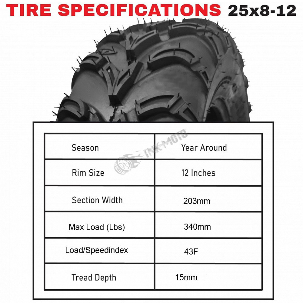 25x8-12 Front Tire All-Terrain (ATV) Utility-Task (UTV) Side-by-Side (SxS) Vehicles 6-Ply 1/2" Tread Depth Tubeless ATV Tires