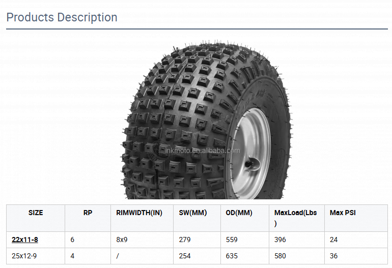 22x11-8 6PLY 8 Inch Trailer Wheels with Rim Tubeless Wholesale ATV Trailer Tires pcd 4x100